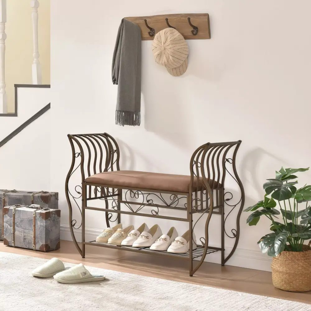 JRHRXXY 38.5 Upholstered Shoe Rack Bench with Metal Frame for Bedroom or Entryway