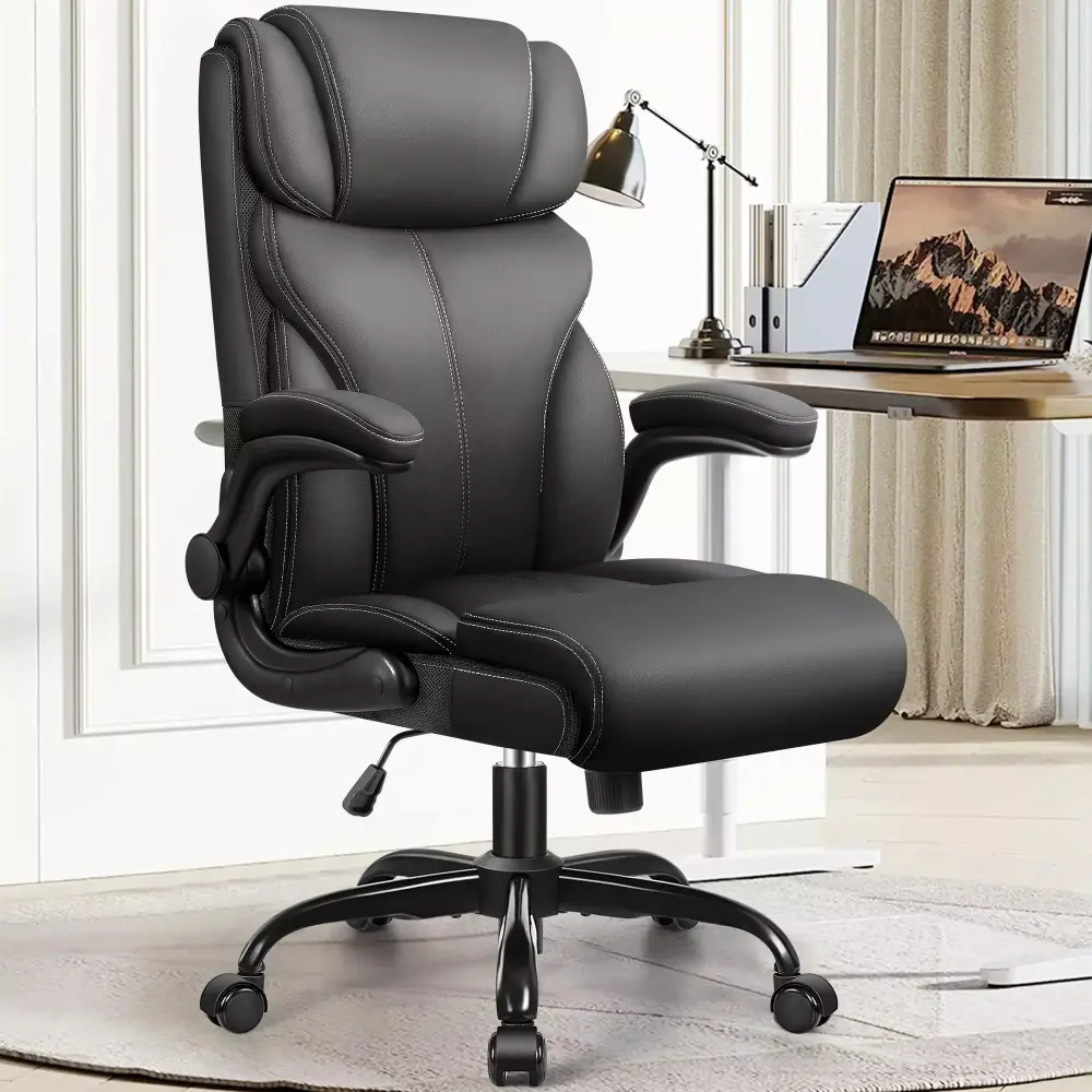 Ergonomic Big and Tall Executive Office Chair with Breathable Leather and Flip-up Armrests