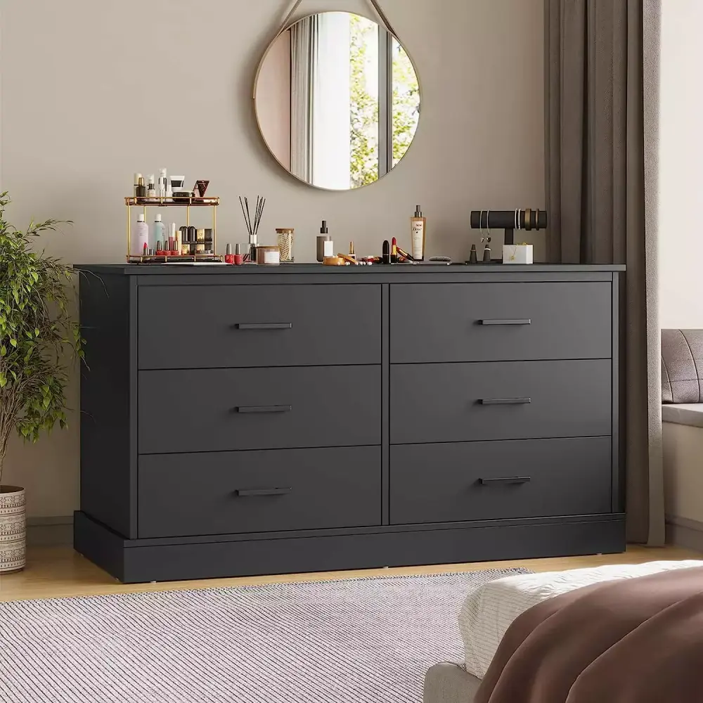 6 Drawer Double Dresser Large Storage Cabinet in Black Finish for Bedroom