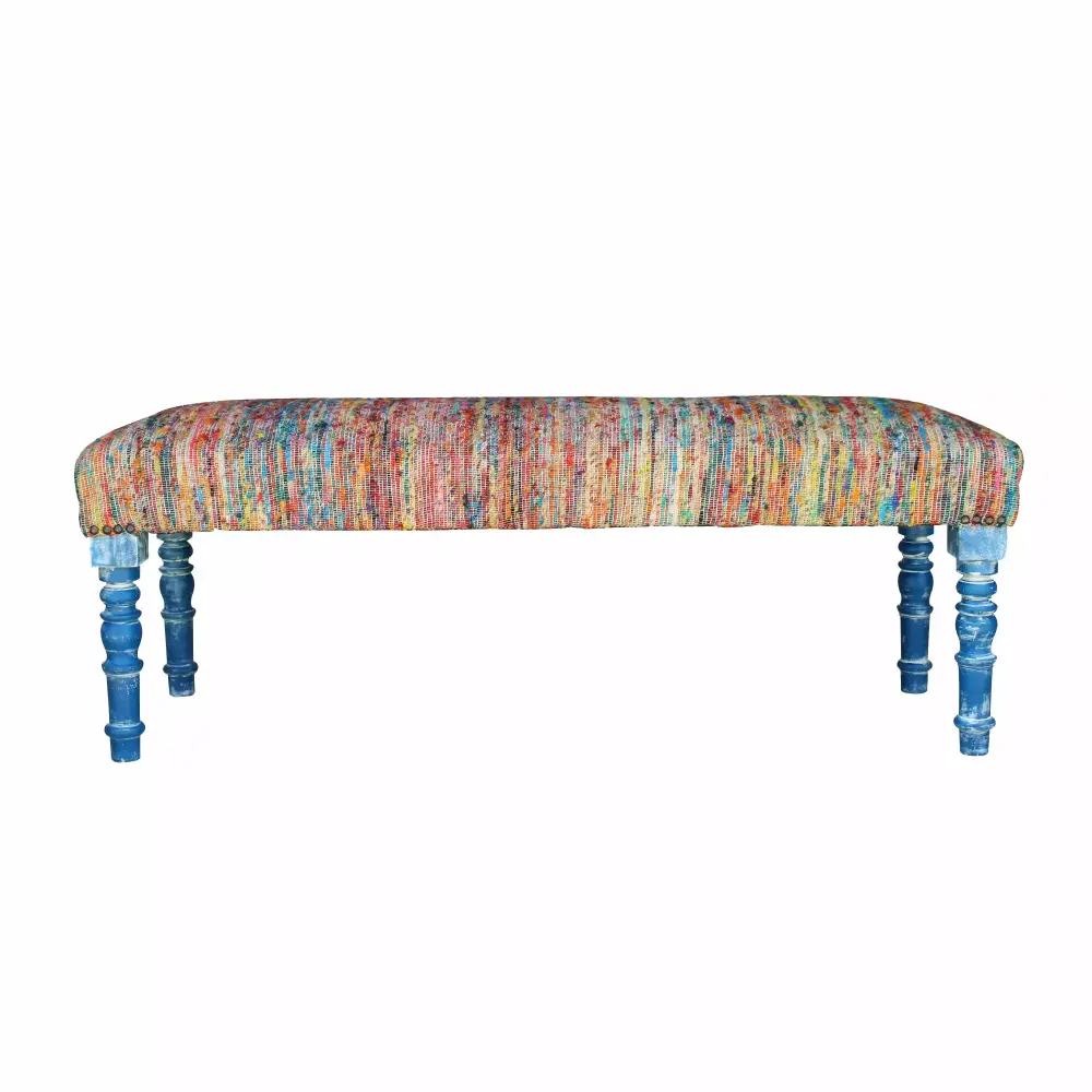 LR Home Colorful Chindi Bench with Blue Legs 47x16x18 Inches Multi-color