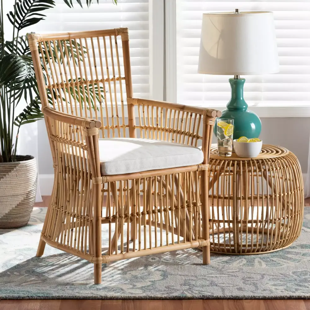 Bali & Pari Rose Modern Bohemian White Fabric Upholstered Rattan Armchair
