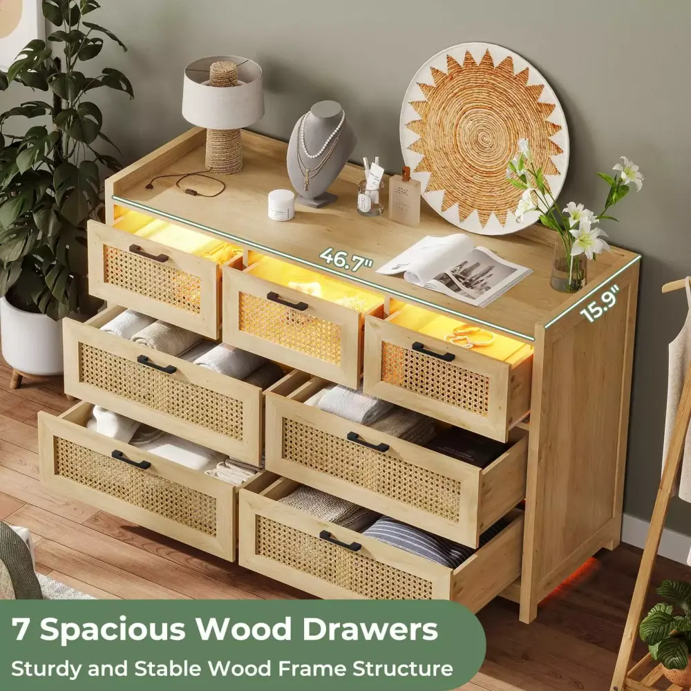 7 Drawers Bohemian Rattan Dresser Chest LED Light Storage Cabinet Bedroom Living Room