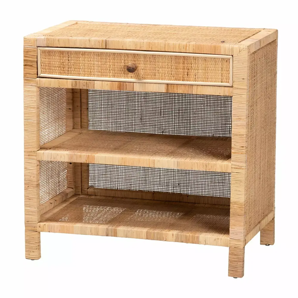Baxton Studio Bella Modern Bohemian Natural Brown Mahogany Wood and Rattan Console Table with Drawer