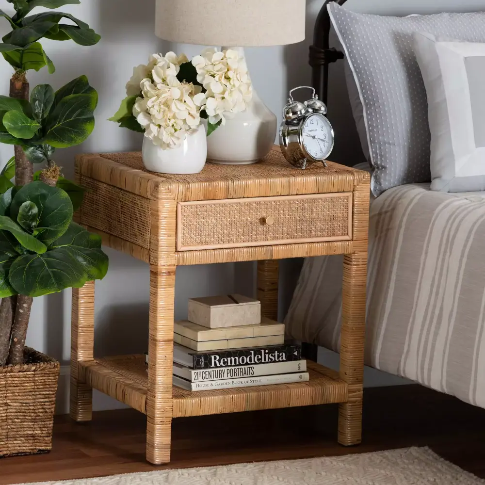 Bali & Pari Adelia Rattan BOHO Nightstand with 1 Drawer in Natural Brown - Bohemian Bedside Table