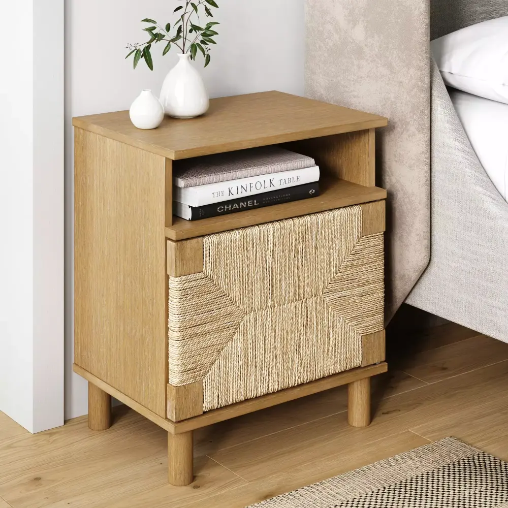 Nathan James Beacon Wood Nightstand Bohemian Accent Table with Seagrass Door Light Brown
