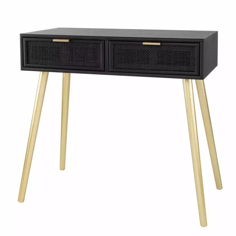 Pia 32 Inch Wood Console Table with 2 Drawers and Woven Rattan Design in Black Gold