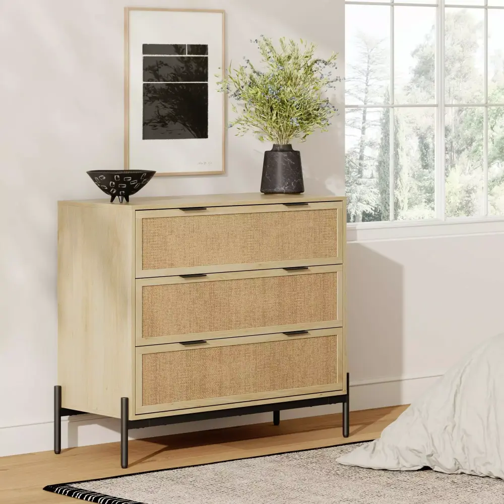 Nathan James Andrew 3-Drawer Rattan Dresser or Bohemian Living Room Storage Cabinet with Natural Rattan Accent and Metal Legs Light Oak Black