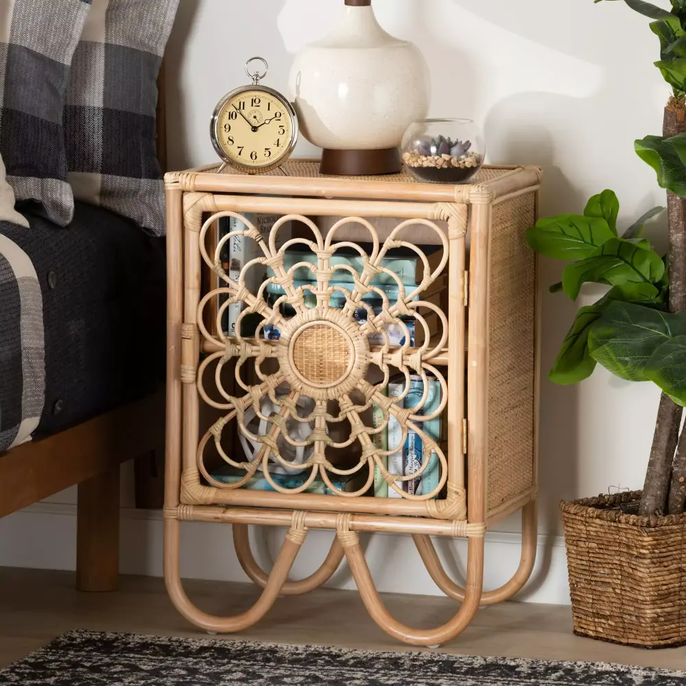 bali & pari Acelin Rattan BOHO Nightstand with 1-Door in Natural Brown