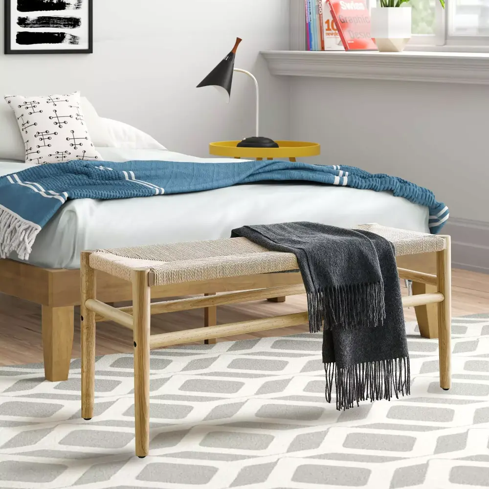 Mieres Boho Style Solid Wood Bench with Woven Rope Seat for Home Office