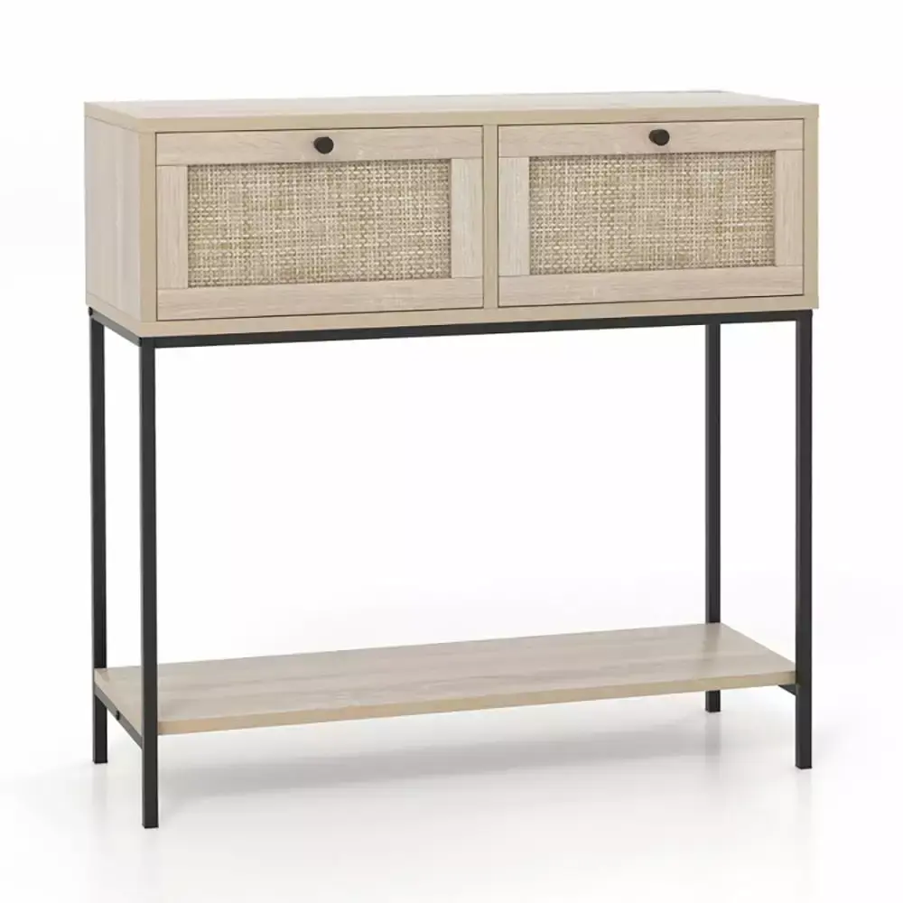 Canddidliike Rattan Console Table Boho Entryway Table with 2 Rattan Drawers Oak