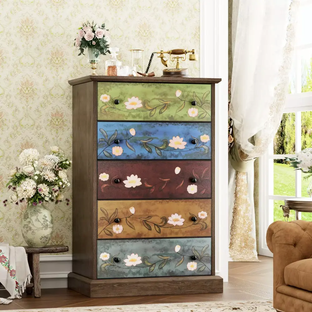 Homfa 5 Drawer Dresser Boho Wood Storage Cabinet for Entryway Living Room Wide Top Study Base
