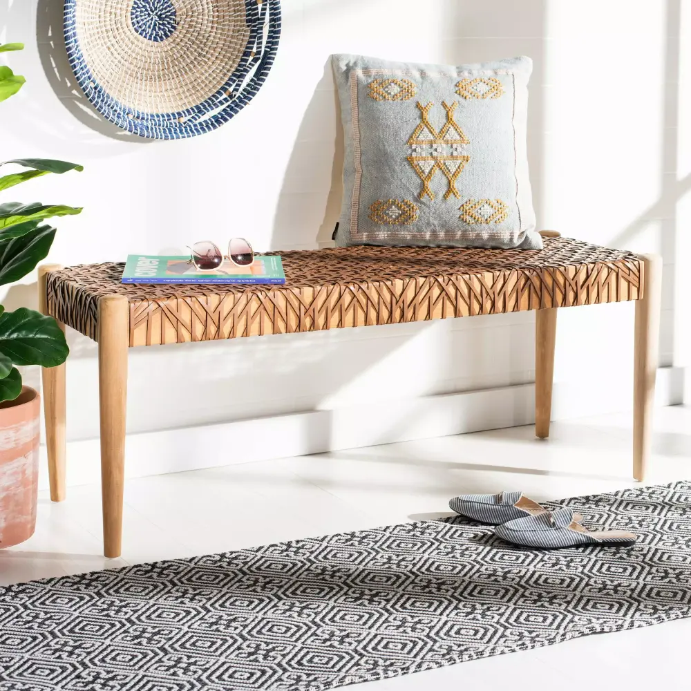 Safavieh Bandelier Cowhide Leather Weave Bench in Light Brown