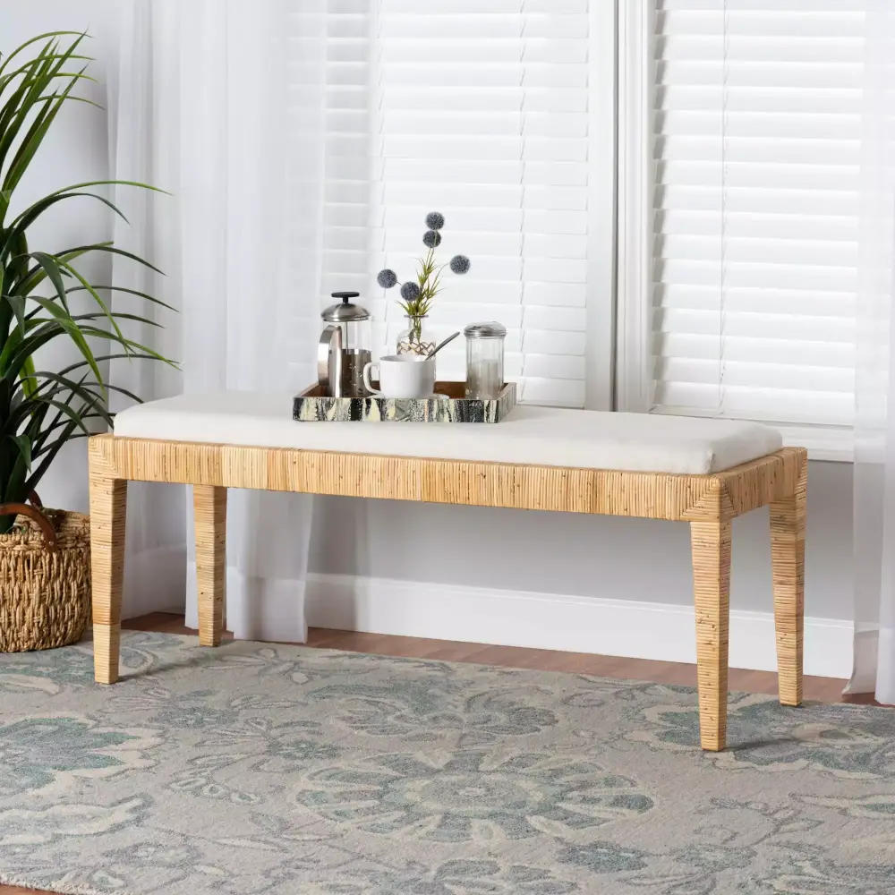 Bali & Pari Sofia Rattan and Mahogany Wood BOHO Bench Natural Brown