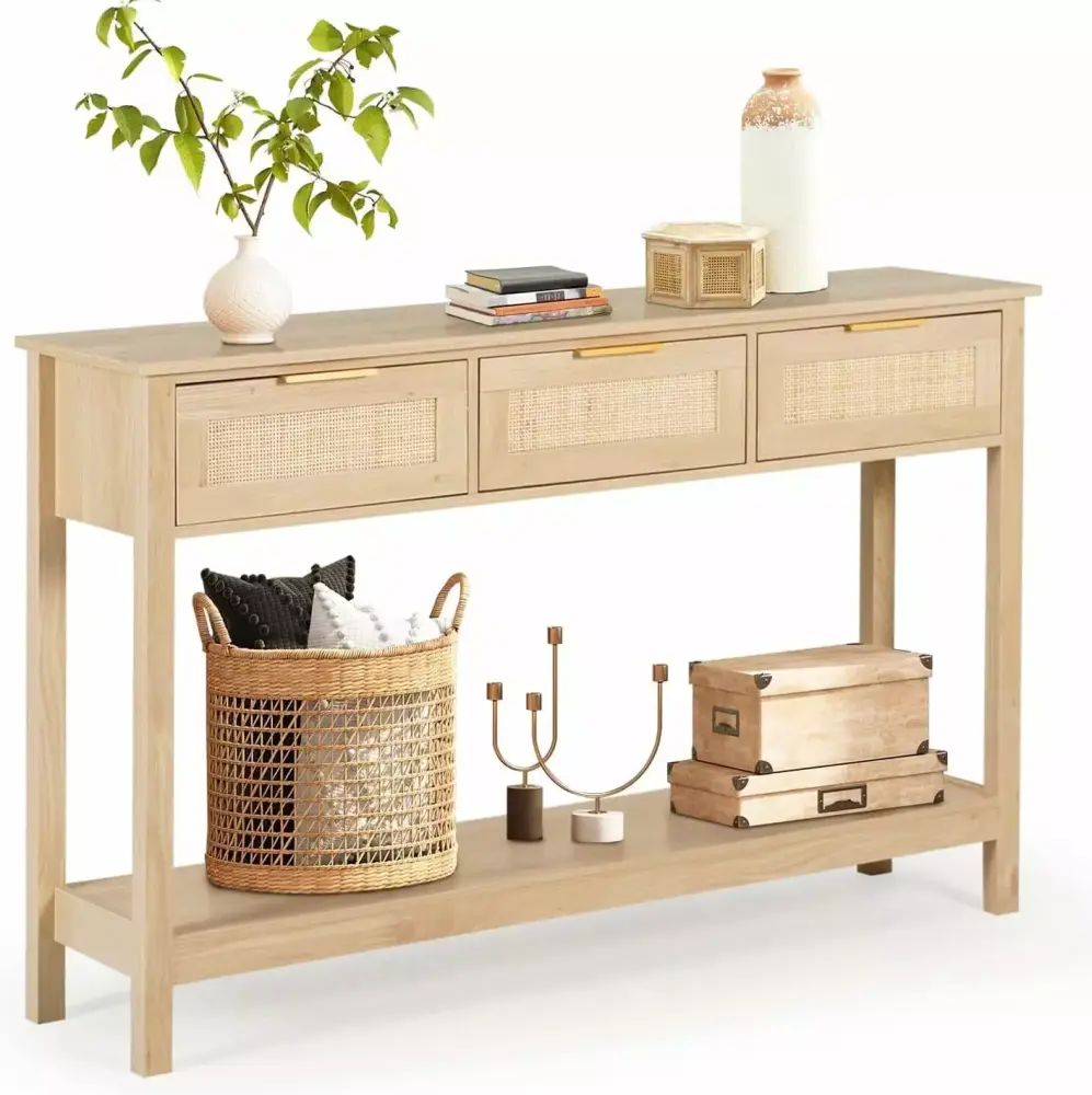 Rattan Console Table Boho Entryway Table with 3 Drawers and Open Shelf Natural Wood