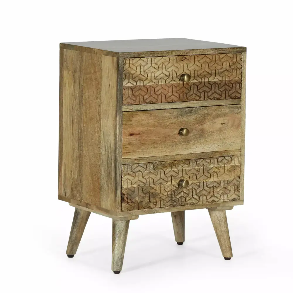 GDF Studio Stowe Boho Handmade Mango Wood 3 Drawer Nightstand in Natural