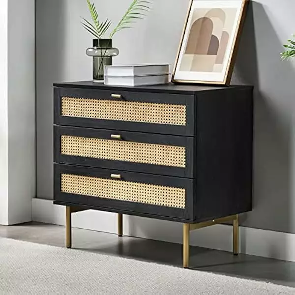 YANG97 Dresser for Bedroom 3 Drawers Wood Chest Rattan Decor Boho Mid Century Modern