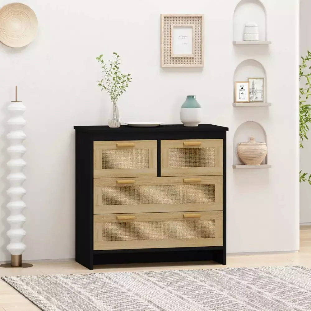 Hassch Wicker Rattan 4-Drawer Dresser Black Boho Farmhouse Sideboard
