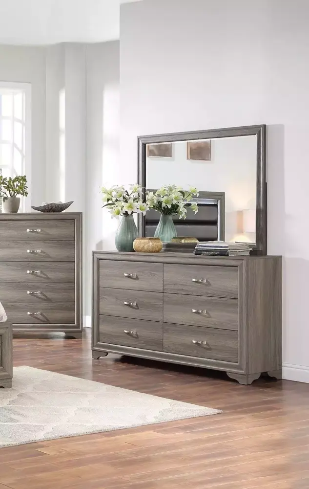 Transitional Style 4pc Queen Bedroom Set with Espresso Bonded Leather Headboard Dresser Mirror Nightstand