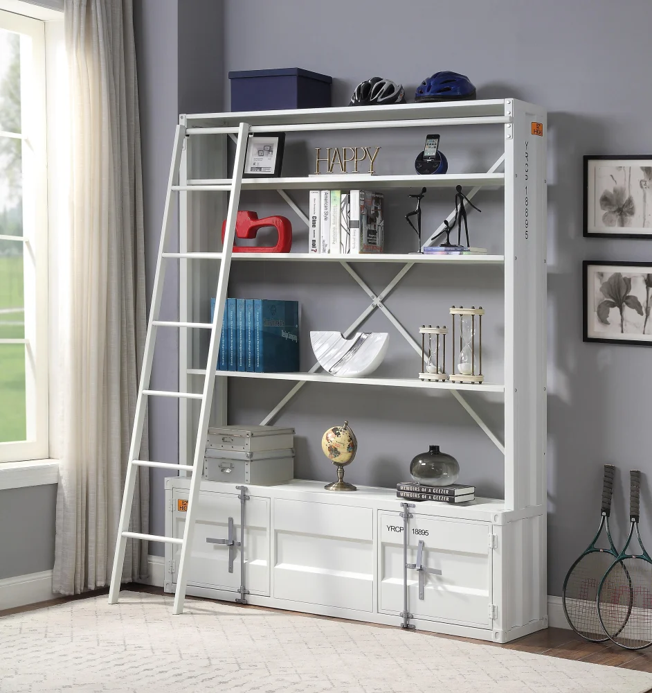 Cargo White Bookshelf with Ladder for Modern Home Decor