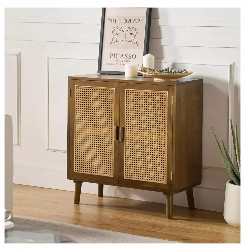 Zengpin Accent Storage Cabinet with 2 Natural Rattan Doors and Wood Legs - Espresso Cupboard Console Table