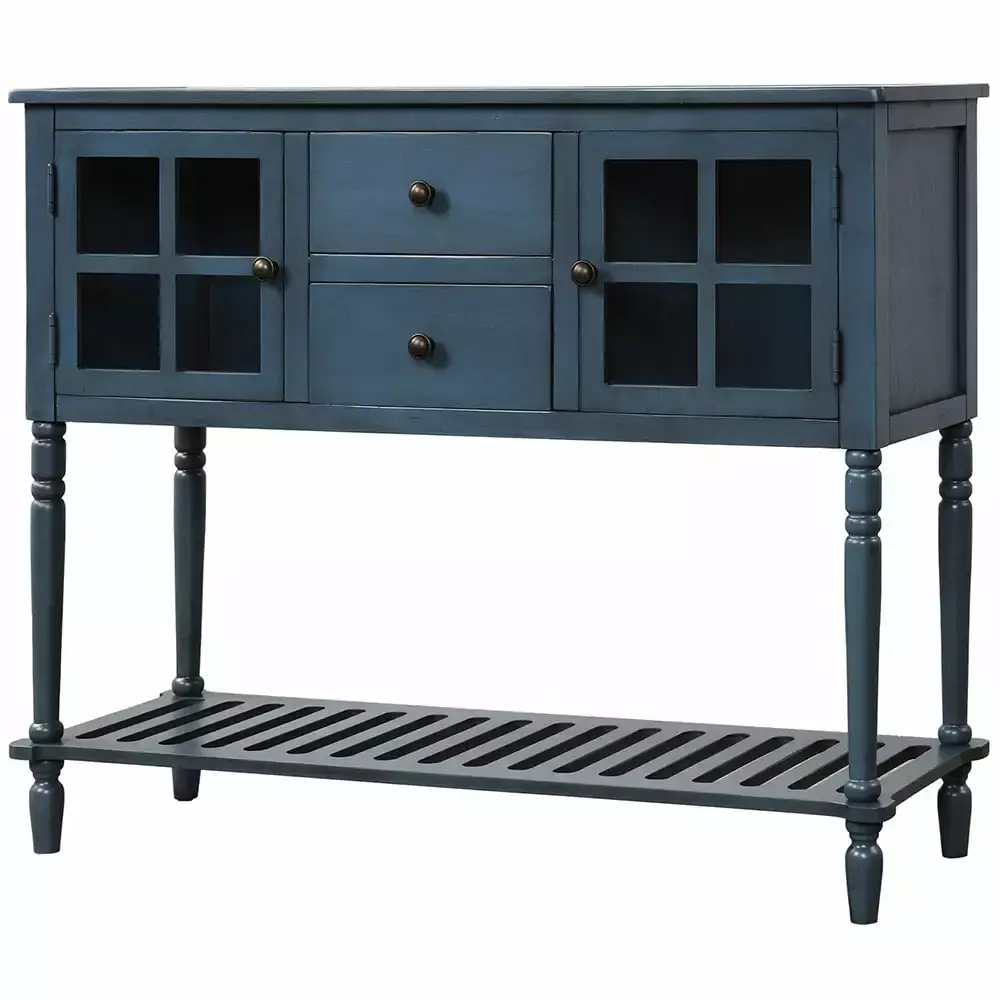 Kepooman Farmhouse Buffet Sideboard White Wood Storage Cabinet with Glass Console Table for Kitchen