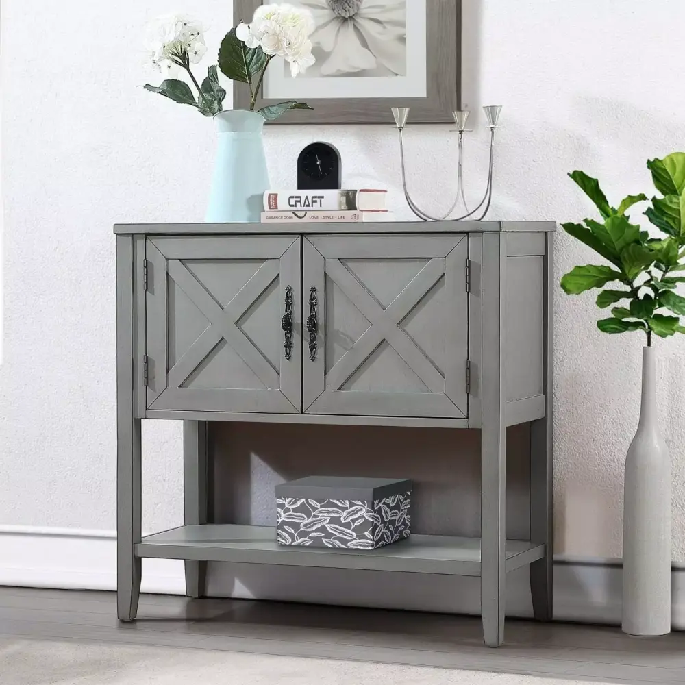 35-inch Antique Gray Wood Buffet Console Table with 2-Door Cabinet Vintage Style Pine Wood