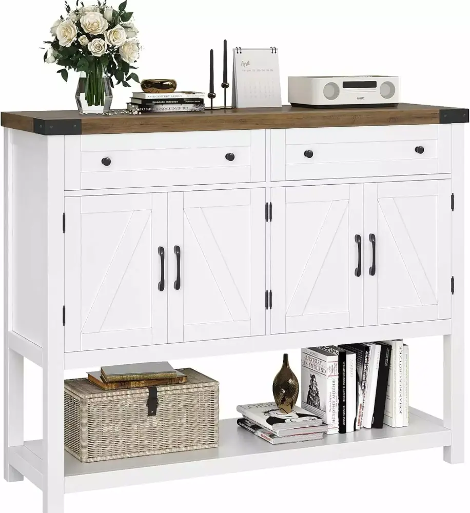Modern Farmhouse Buffet Sideboard Cabinet with Storage 2 Drawers Barn Doors White Coffee Bar
