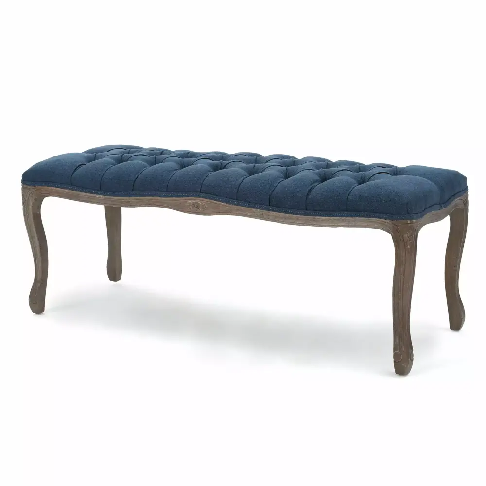 GDF Studio Tasette Traditional Button Tufted Fabric Bench Natural and Dark Blue