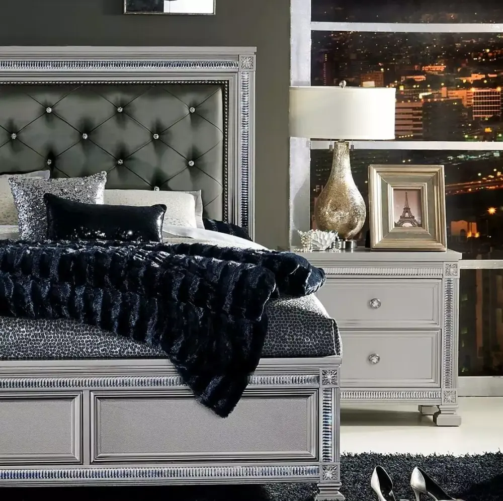 Contemporary Silver Finish Bedroom Set 4pc Queen Bed Button-Tufted Headboard Nightstand Dresser Mirror