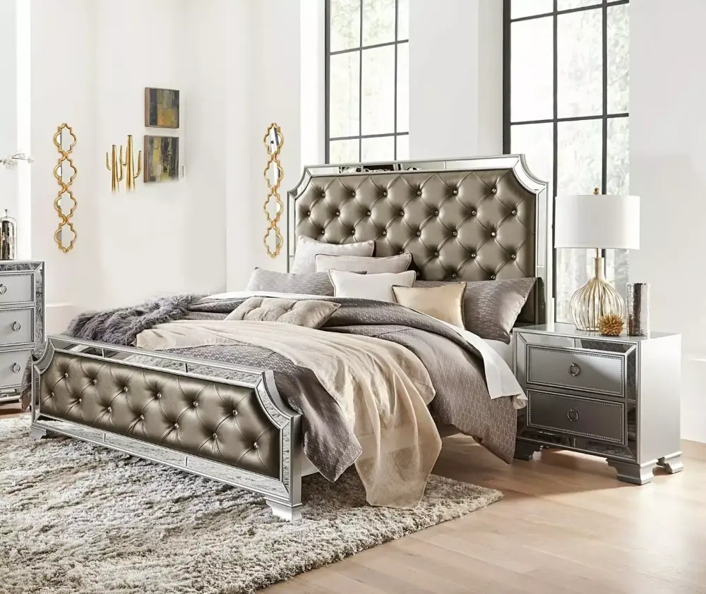 Glamorous Style Bedroom 3pc Set Queen Bed Button-Tufted Headboard and Nightstand Silver Finish Mirror Lining Set