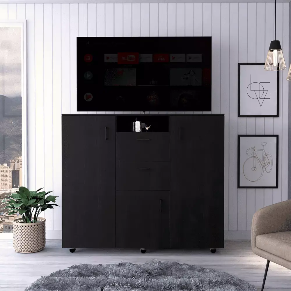 3 Door Cabinet Dresser 48H with Two Drawers and Four Shelves in Black