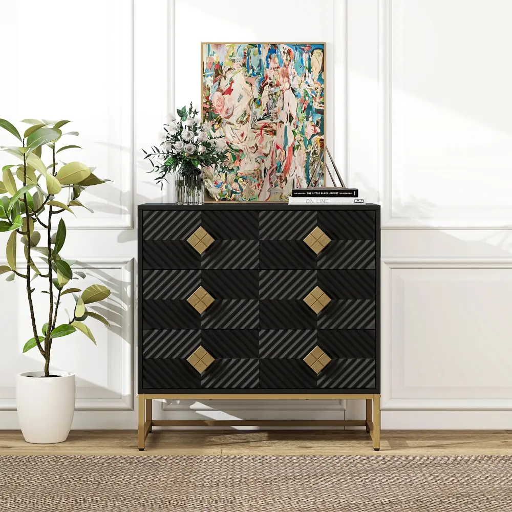 3 Drawer Storage Cabinet with Decorative Embossed Pattern Door for Living Room or Bedroom