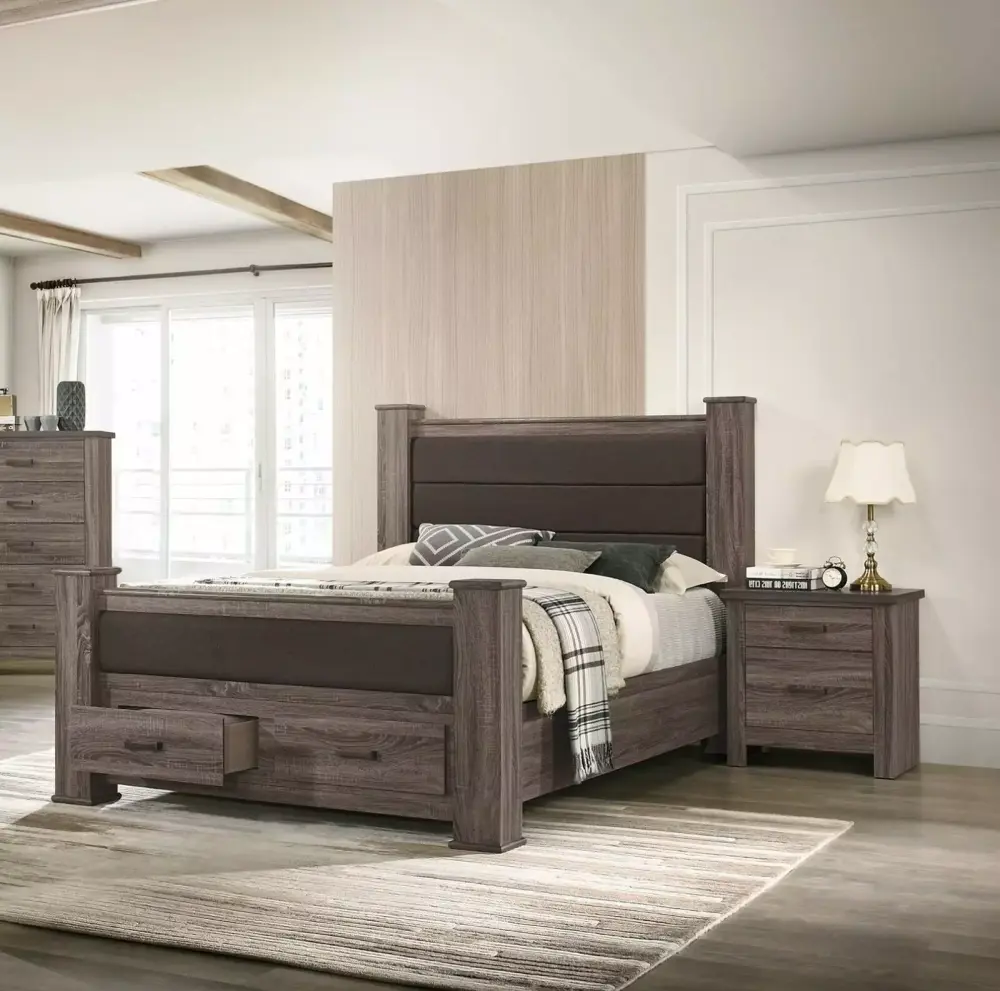 3pc California King Size Bed 2 Nightstands Natural Grey Finish Wooden Storage Drawers