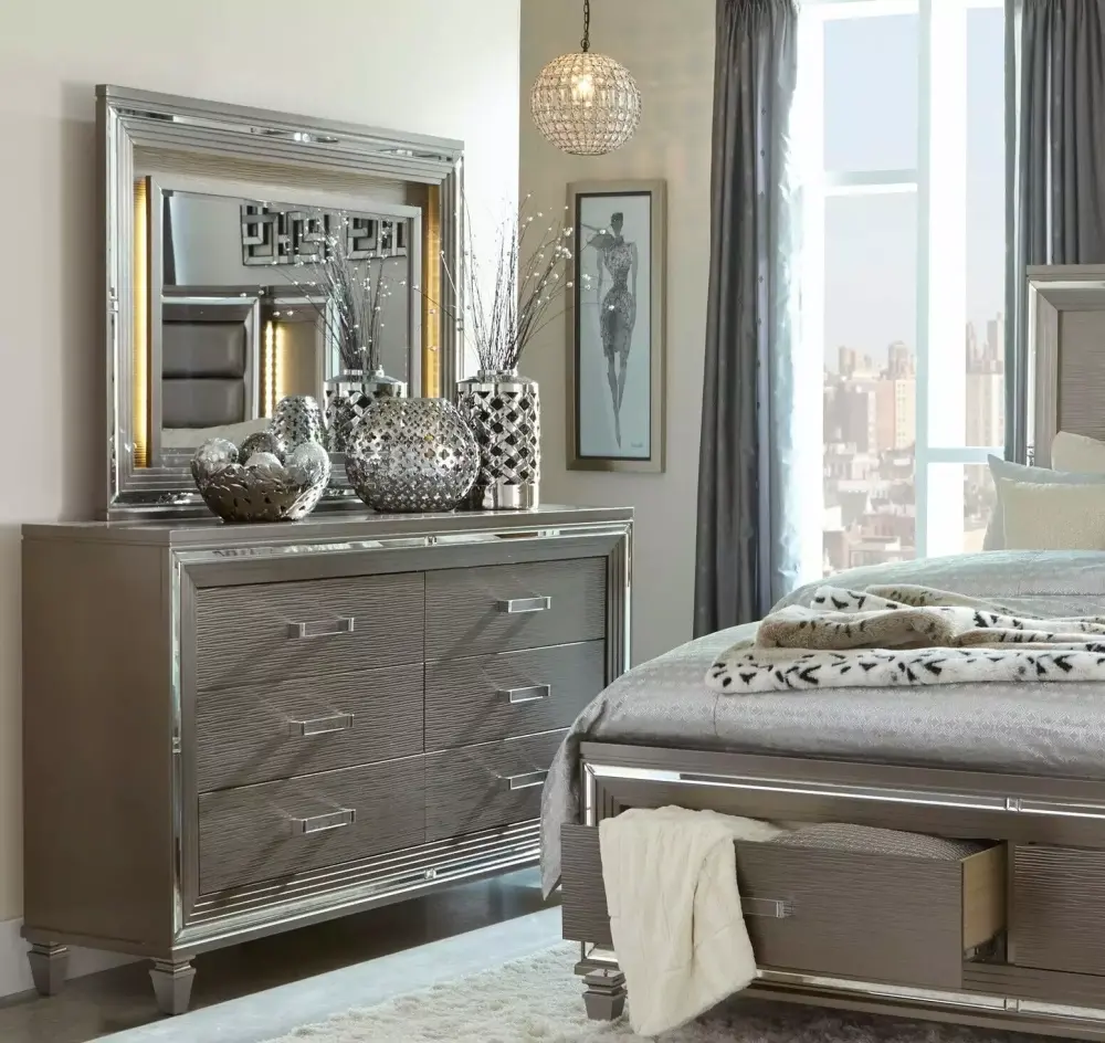 Glamorous 5pc California King Bedroom Set with Platform Storage Bed and LED Lights