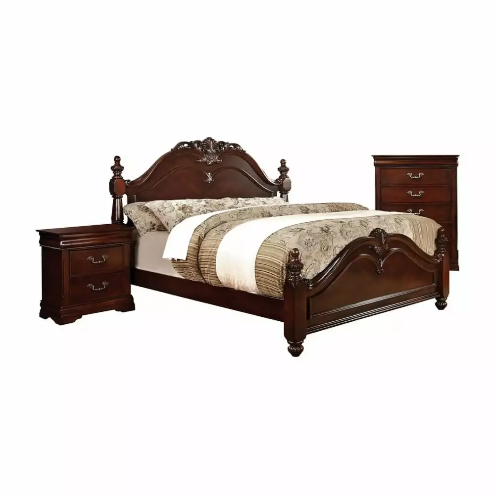 Bowery Hill 3pc Wood Panel Bedroom Set - Cal King + Nightstand + Chest in Cherry