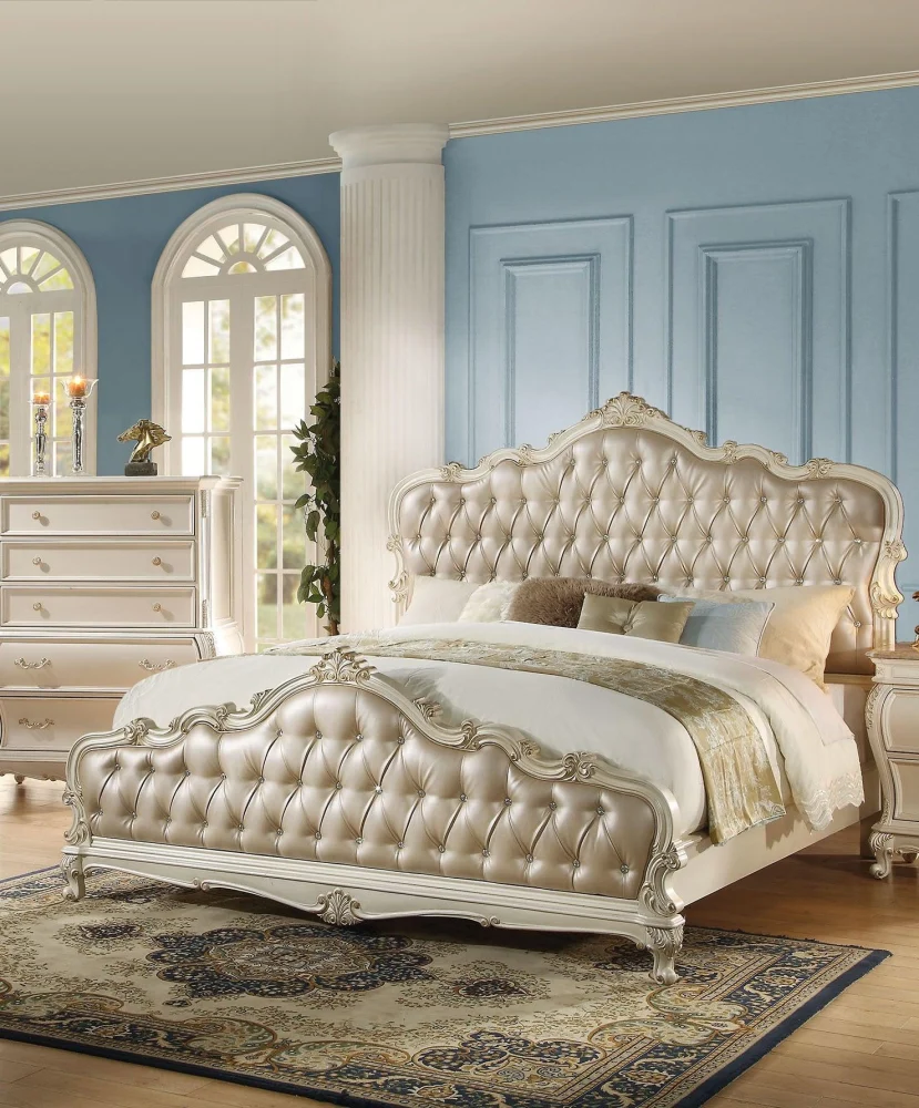 Acme Chantelle California King Bed with Button Tufted Panels in Pearl White