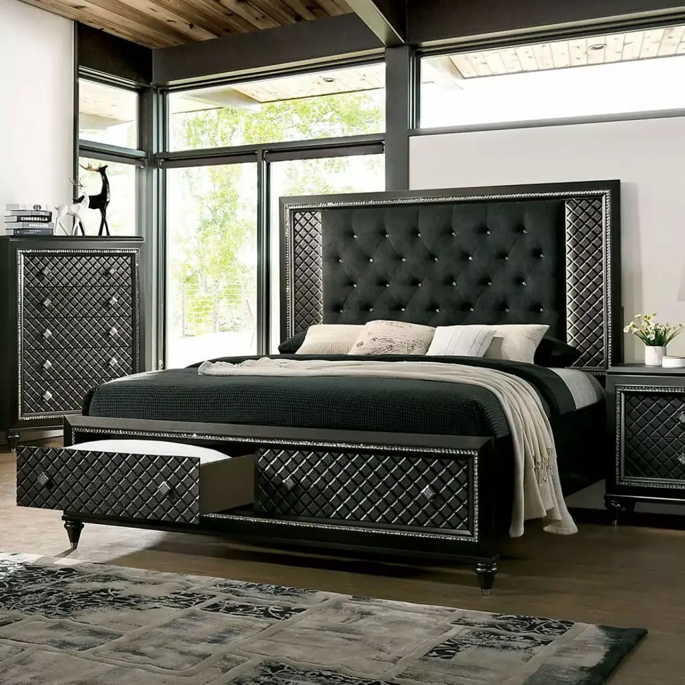 3pc California King Bedroom Set with Nightstands Metallic Gray Solid Wood Black Fabric Tufted Headboard