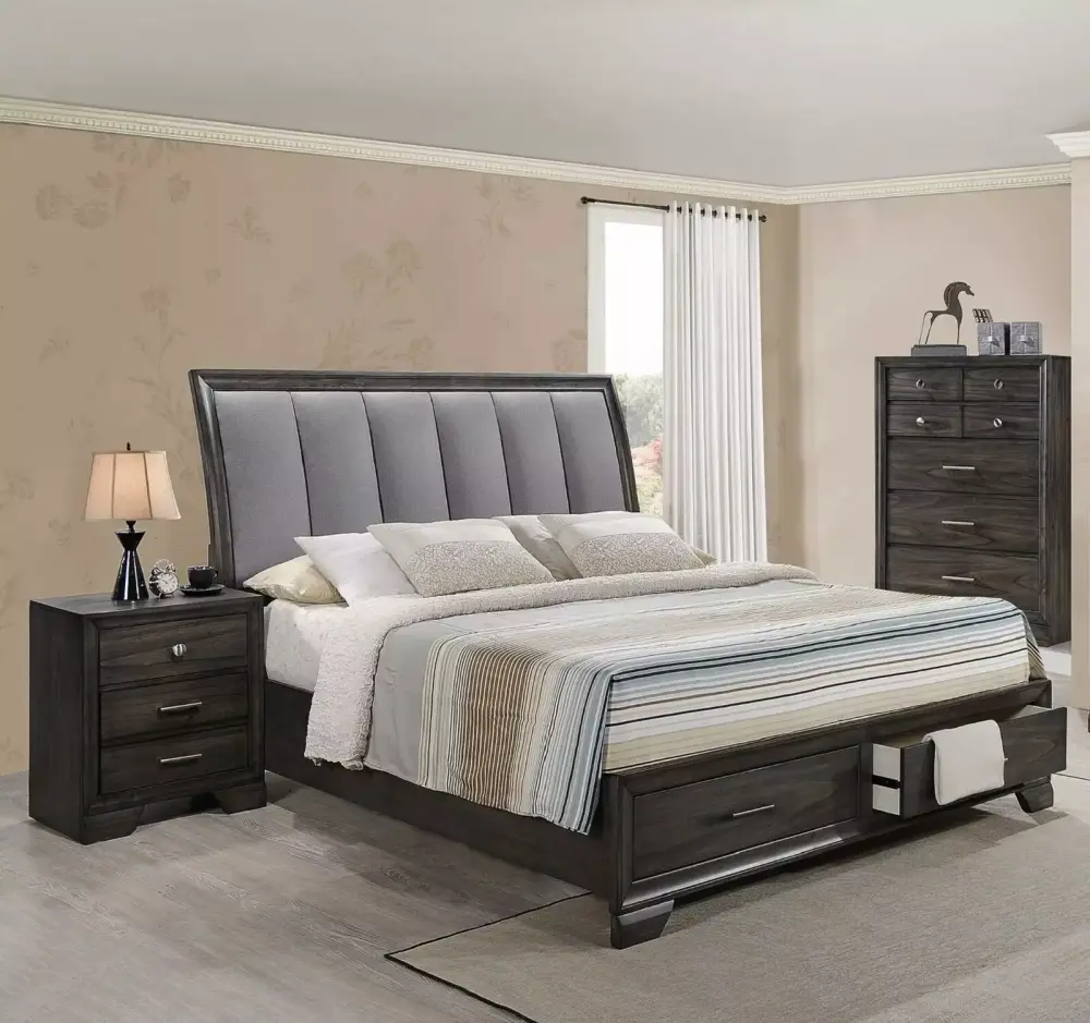 3Pc Platform Storage California King Bed Chest Nightstand Solid Wood Bedroom Set Dark Gray Finish