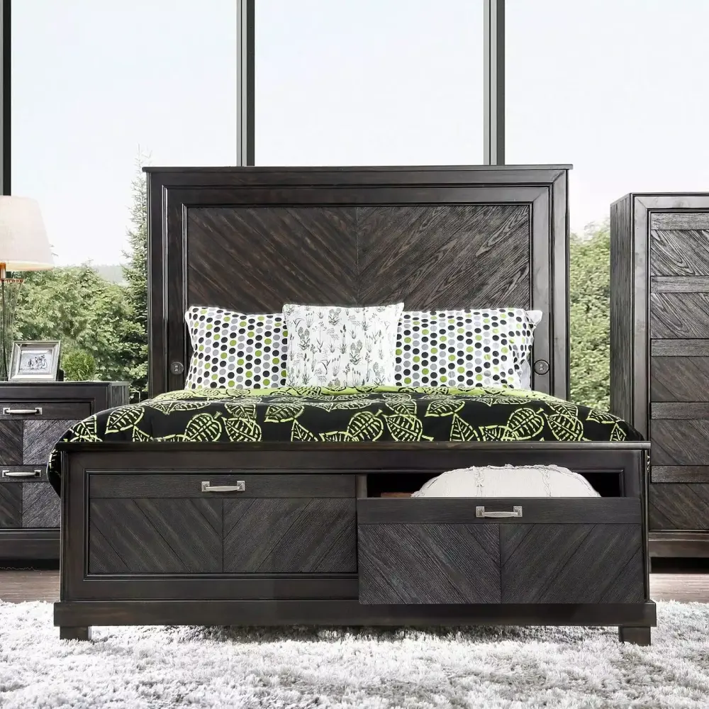 3pc Bedroom Set Espresso California King Size Bed Nightstands High Panel Headboard USB Storage Drawer