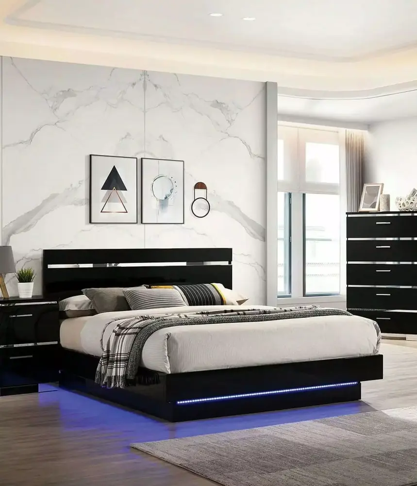 Contemporary California King Size Bed 2x Nightstands 3pc Set Chrome Handle Pulls High Lacquer Coating Low Profile Platform Bed