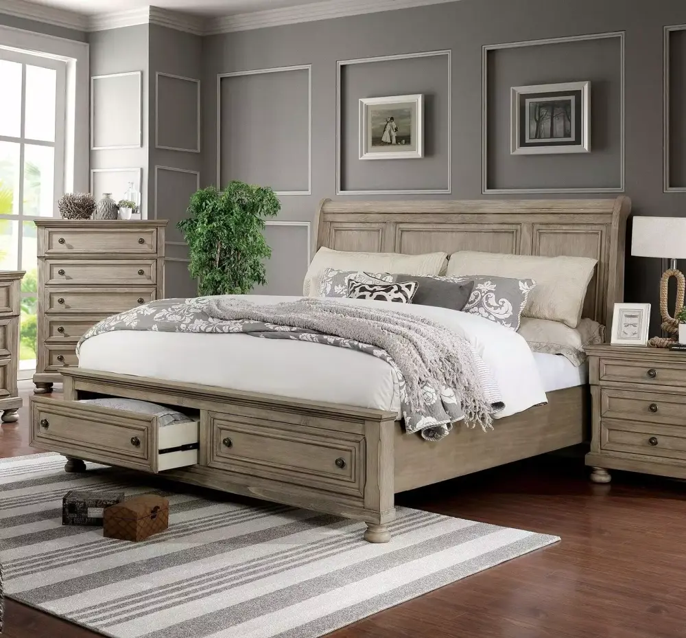 Transitional Style Solid Wood Gray California King Size Bed with Storage Drawers