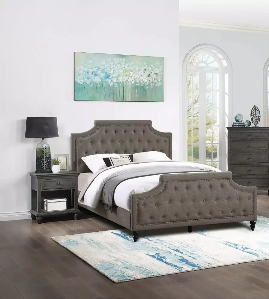 Beautiful Brown Polyfiber Tufted California King Size Bed 3pc Set with 2 Nightstands Modern Bedroom Furniture
