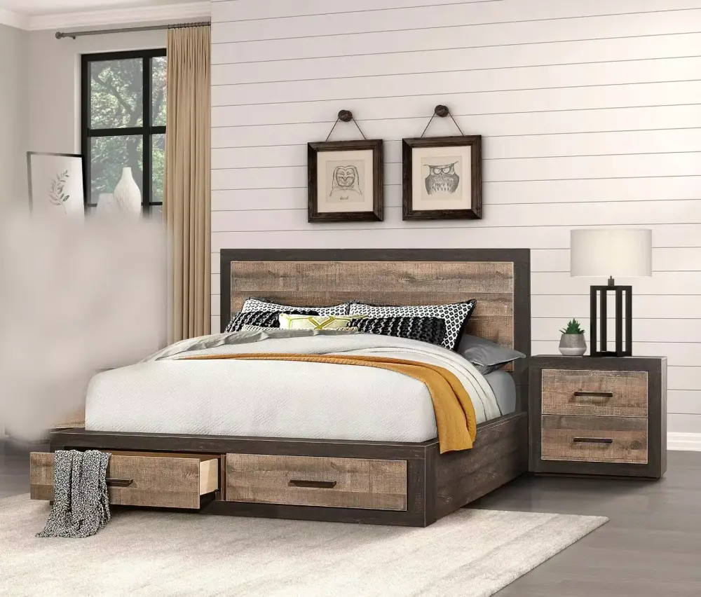 3 Piece Bedroom Set Cal-King Size Platform Bed Drawers Two Nightstands Contemporary Style Two-Tone Finish Wooden Furniture