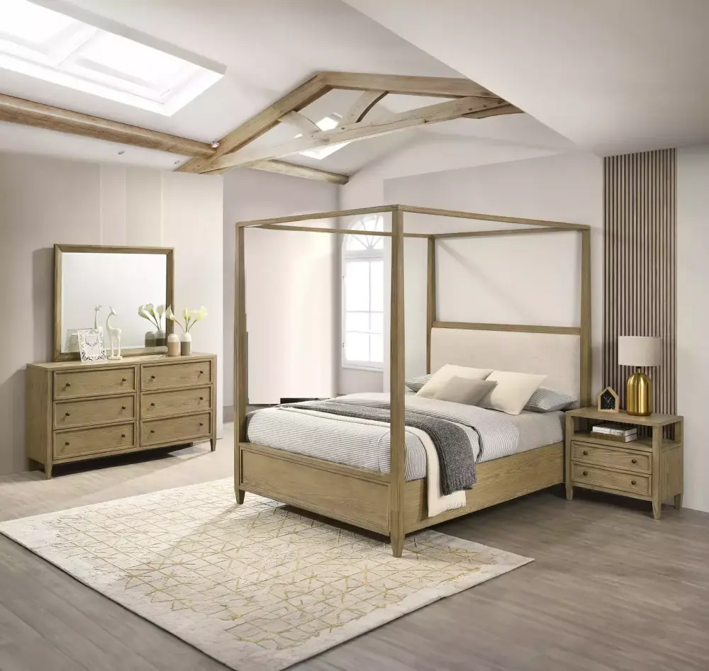 5Pc Light Brown King Canopy Bed Set Rustic Finish Opulent Bedroom Furniture