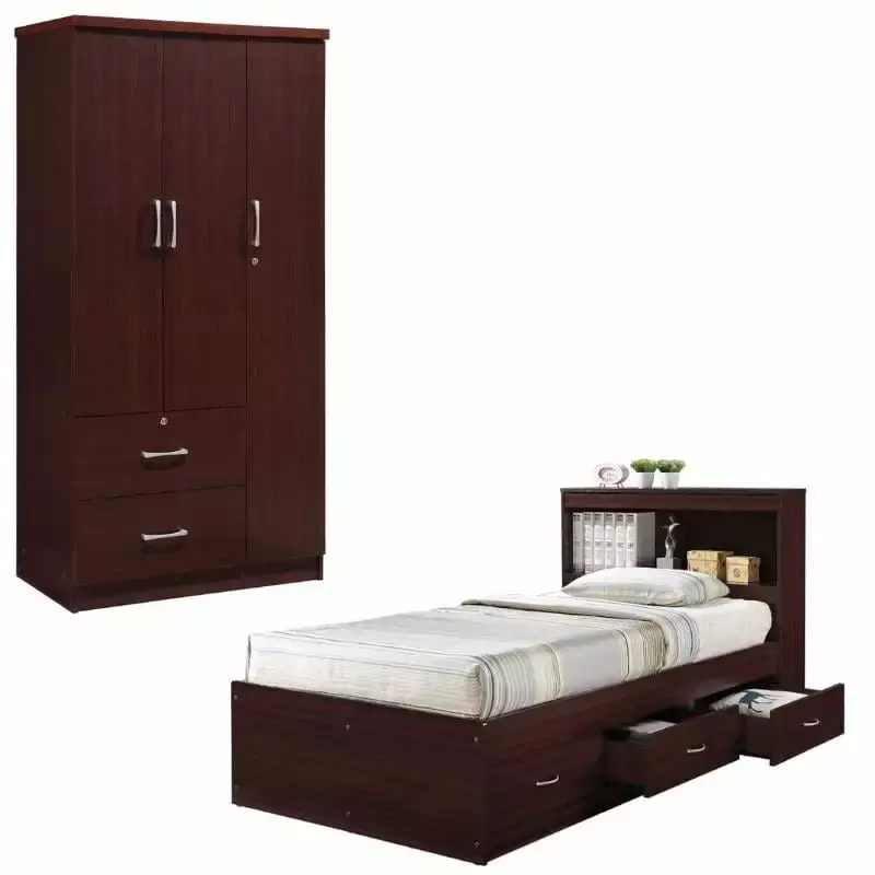 Home Square 2 Piece Captain Bed and 3 Door Armoire Set in Mahogany Wood