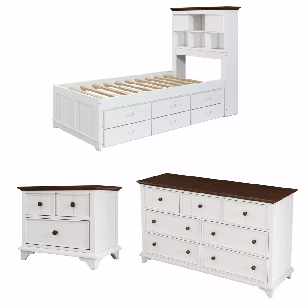Miekor Furniture 3 Pieces Wooden Captain Bedroom Set Twin Bed with Trundle Nightstand and Dresser in White & Walnut