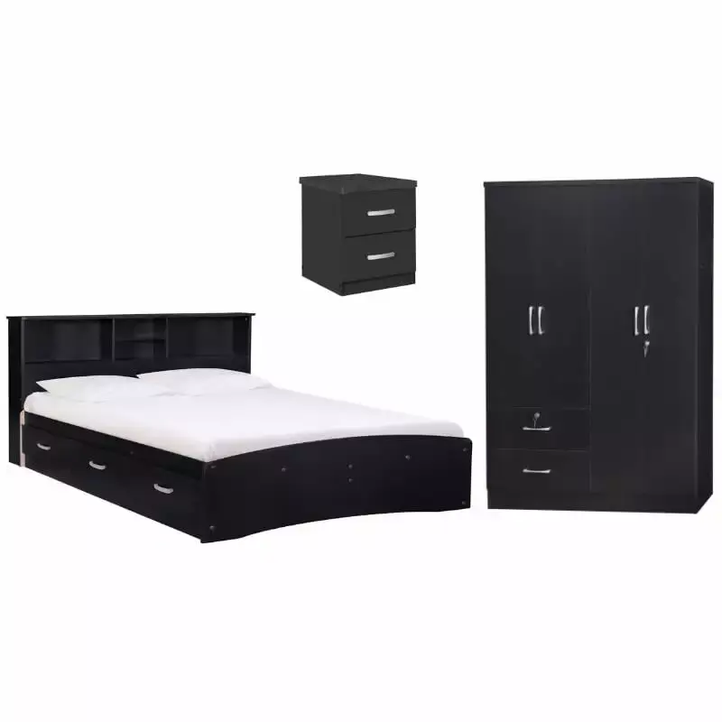 Home Square 3-Piece Queen Captains Bed Set with Armoire and 2-Drawer Nightstand
