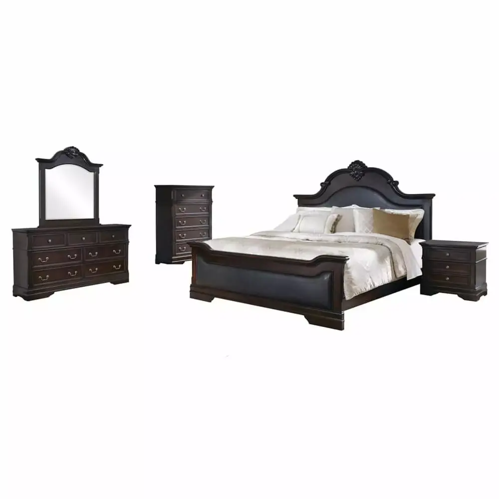 Pemberly Row 5-piece Eastern King Carved Wood Bedroom Set Cappuccino - Dresser Mirror and Nightstands
