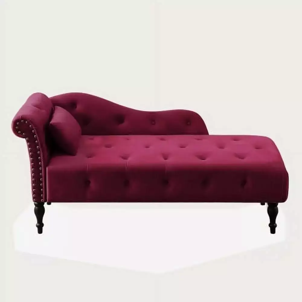 JINS & VICO Velvet Chaise Lounge Chair Modern Tufted Long Lounger Sleeper Sofa with Pillow and Solid Wood Legs Burgundy