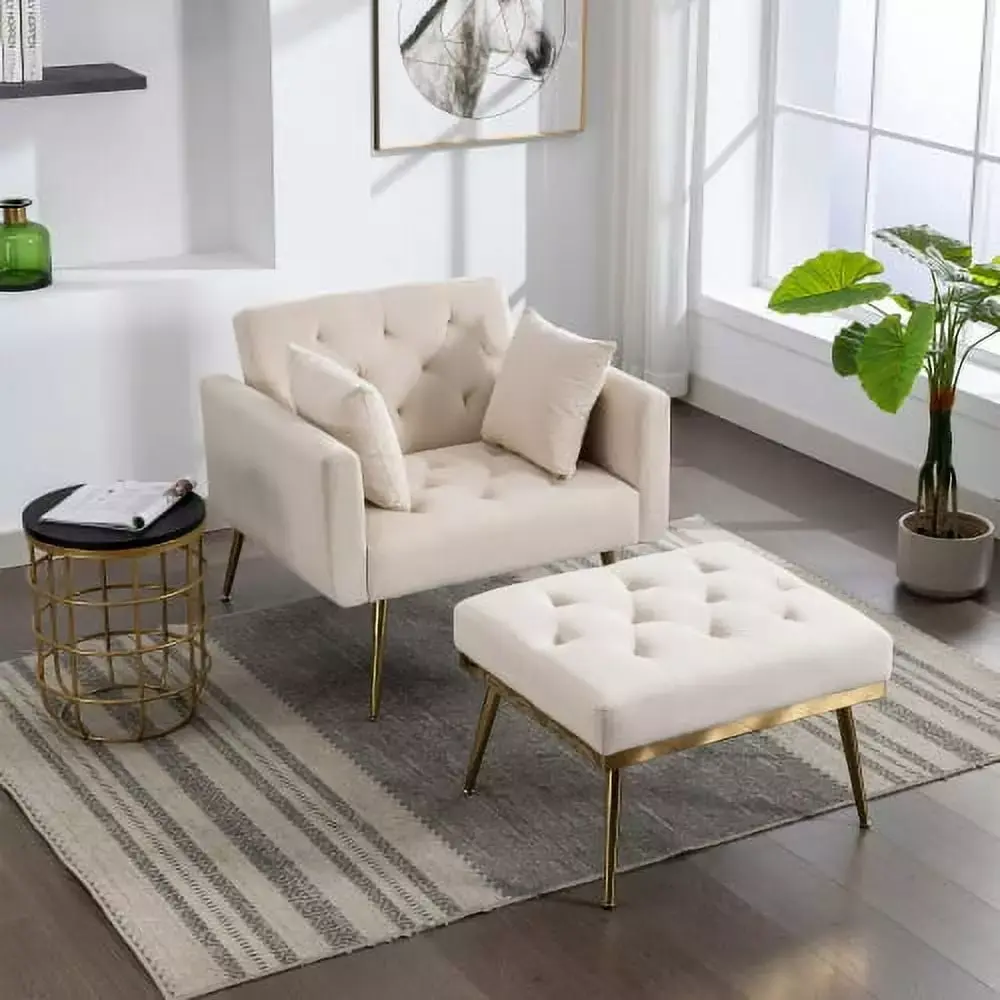 36.61 Wide Modern Accent Chair With 3 Positions Adjustable Backrest Tufted Chaise Lounge Chair Single Recliner Armchair With Ottoman And Gold Legs Beige